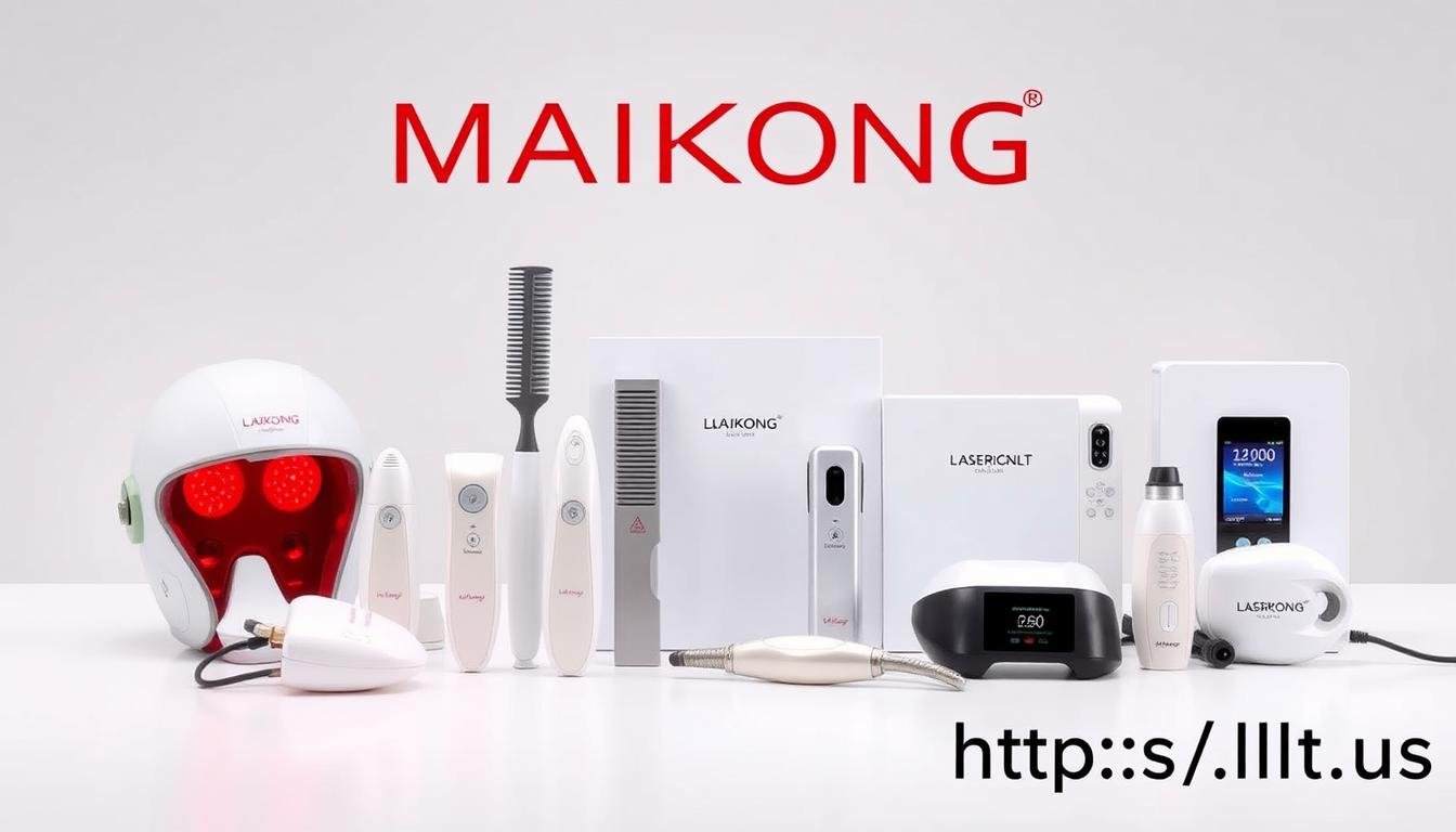 Collection of MAIKONG LLLT devices including helmet, comb and cap options