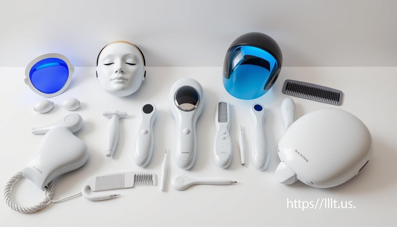 Collection of MAIKONG LLLT devices including masks, helmets, and targeted applicators