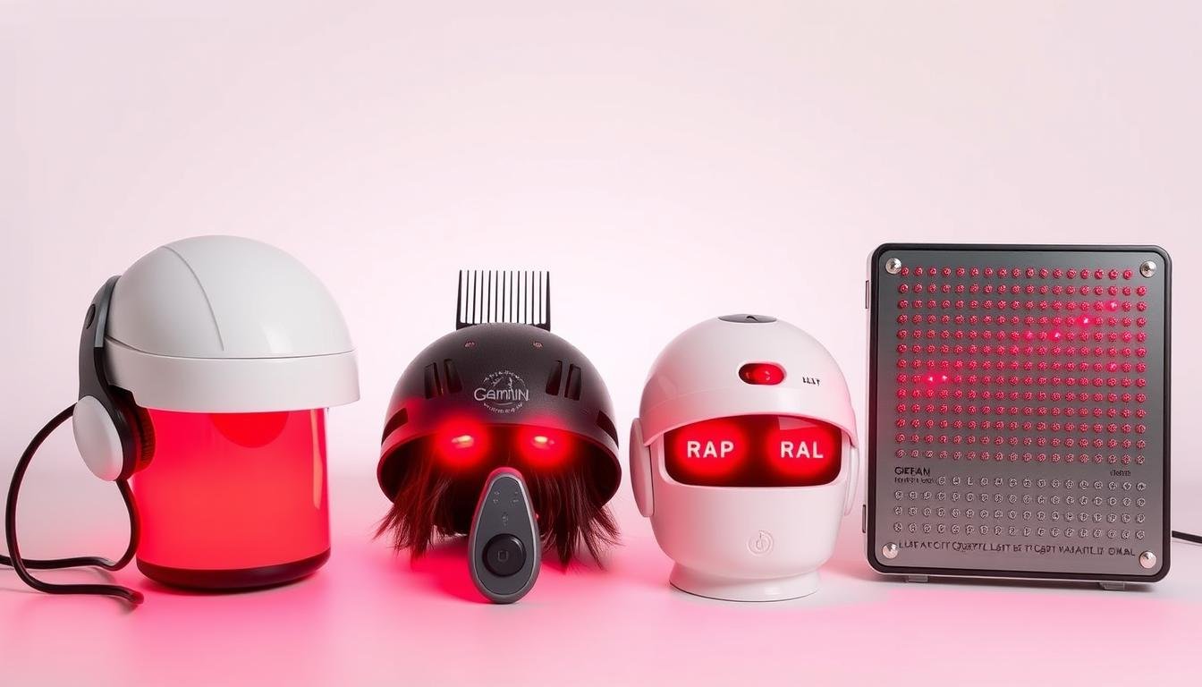 Comparison of different LLLT device types including helmets, combs, and caps