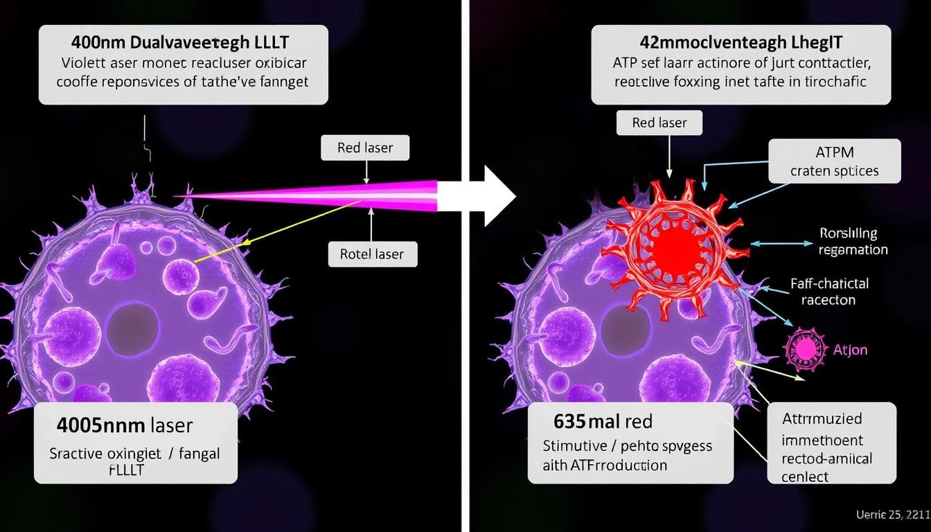 Diagram showing dual-wavelength LLLT mechanism on fungal cells