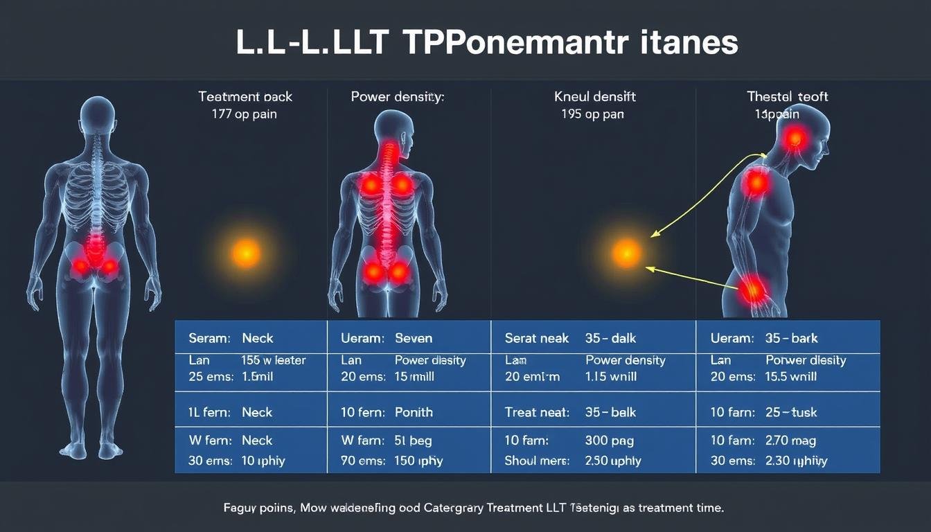 Diagram showing optimal LLLT treatment parameters for different pain conditions