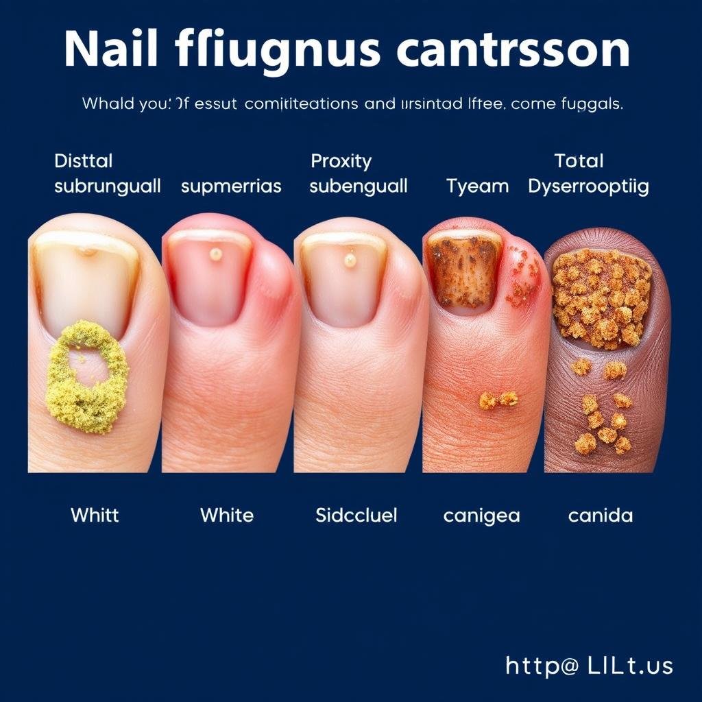 Different types of nail fungus infections showing visual differences