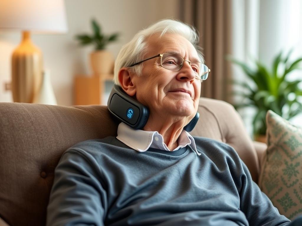 Elderly person using LLLT Neck Support Device in home setting Elderly person using LLLT Neck Support Device in home setting