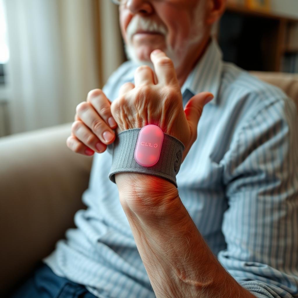 Elderly person with arthritis using LLLT wrist device Elderly person with arthritis using LLLT wrist device
