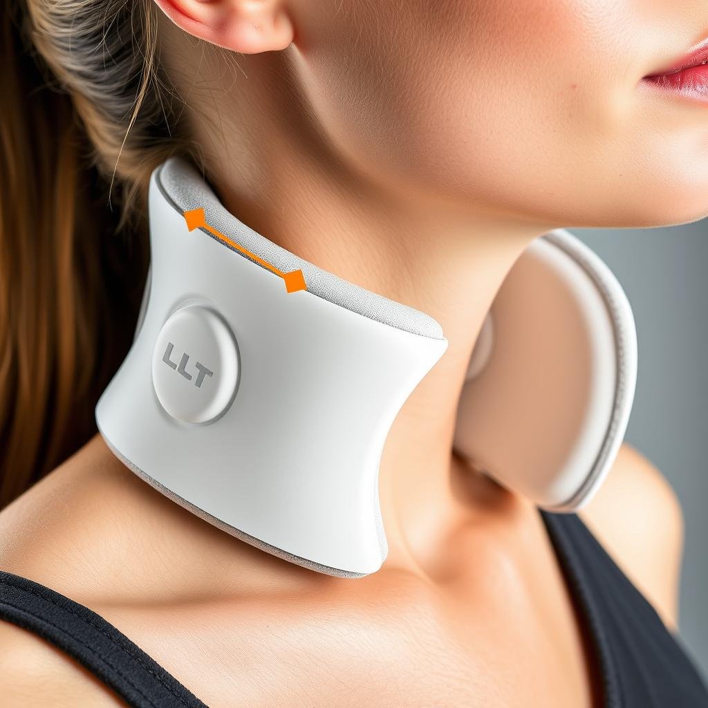 Ergonomic design of the LLLT Neck Support Device showing perfect fit around neck Ergonomic design of the LLLT Neck Support Device showing perfect fit around neck