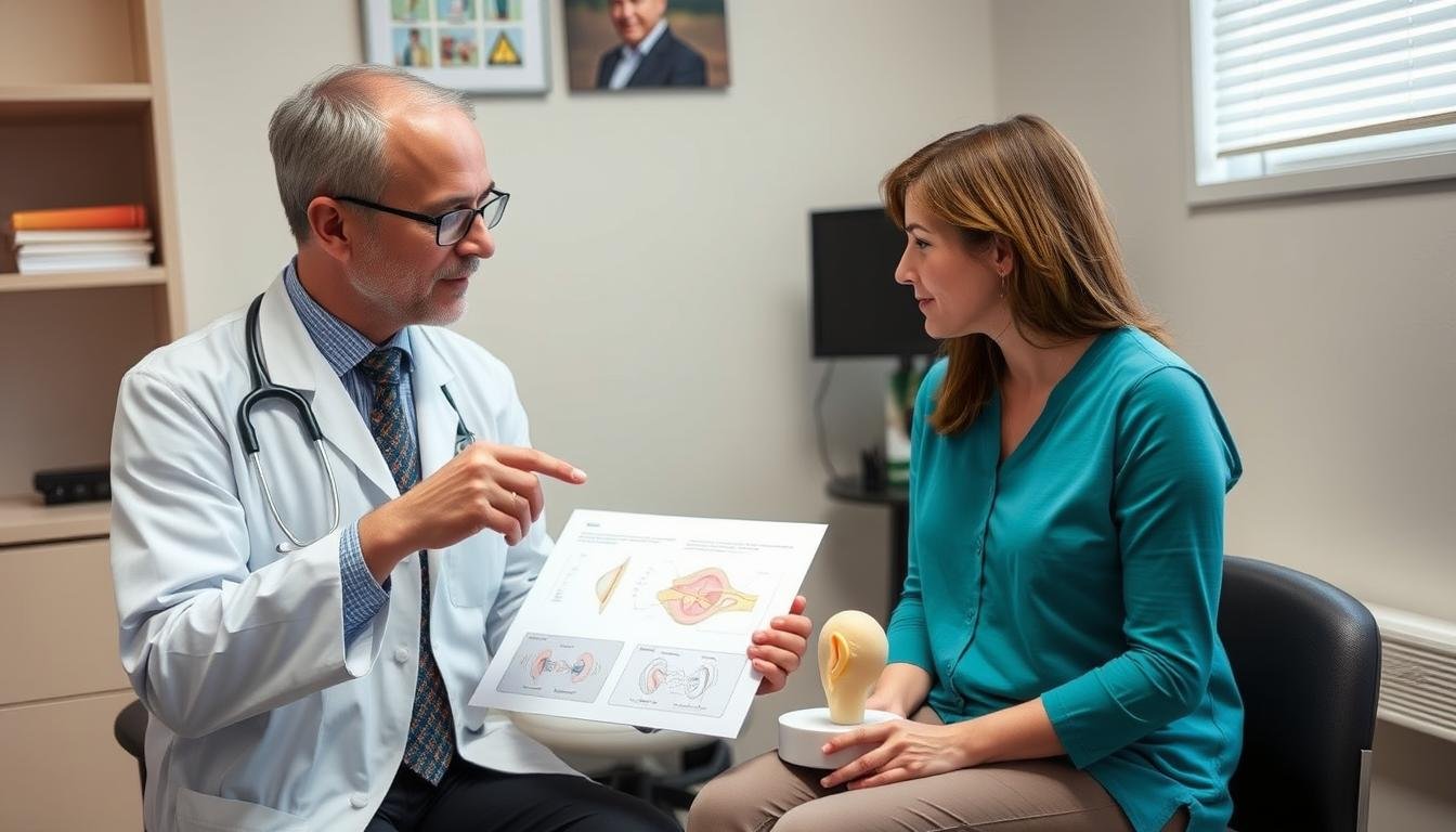 Healthcare professional explaining Tinnitus LLLT Therapy to a patient Healthcare professional explaining Tinnitus LLLT Therapy to a patient