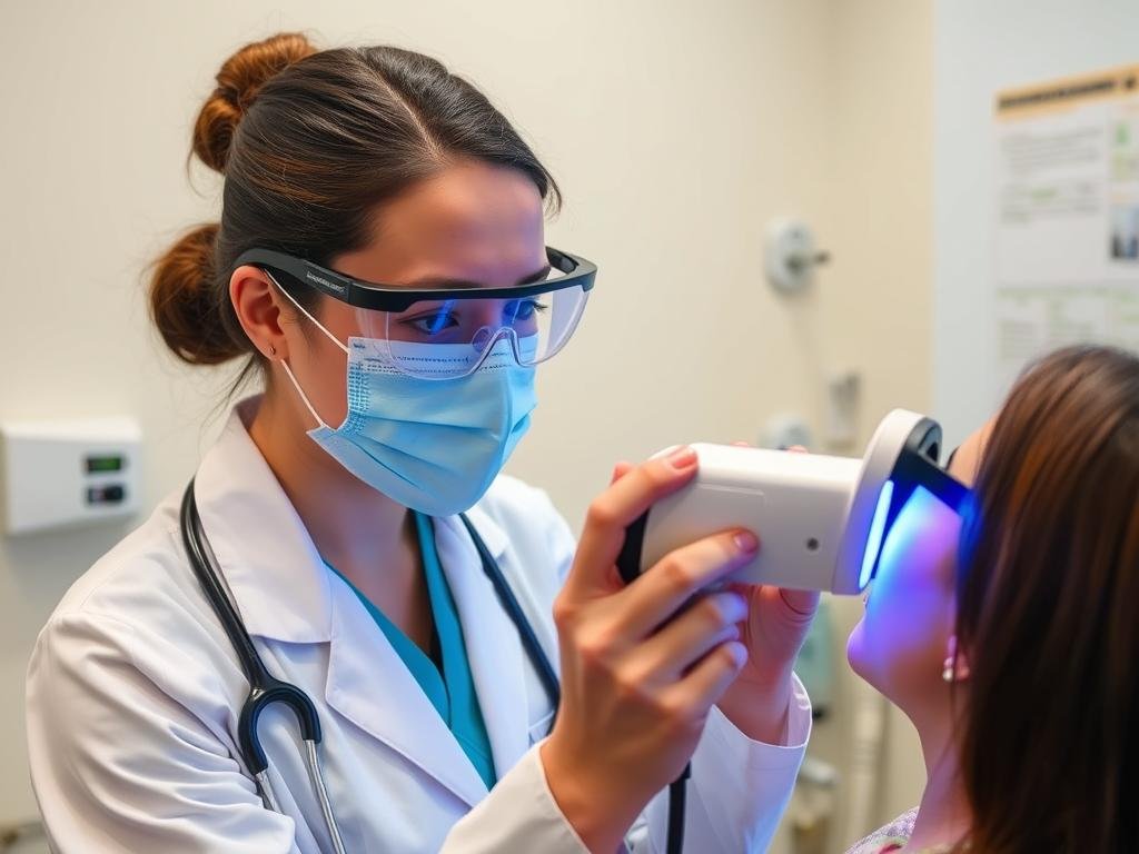 Healthcare professional wearing protective eyewear during LLLT pain therapy Healthcare professional wearing protective eyewear during LLLT pain therapy