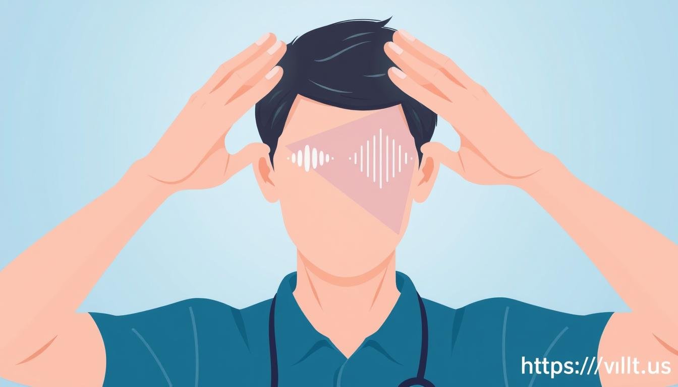 Illustration of a person experiencing tinnitus with sound waves around the ear