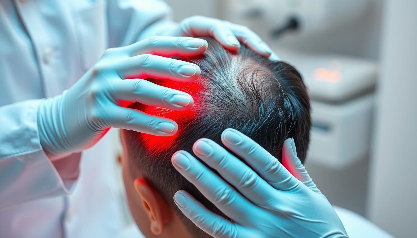 LLLT Hair Regrowth treatment being applied to a patient's scalp showing red light therapy in action