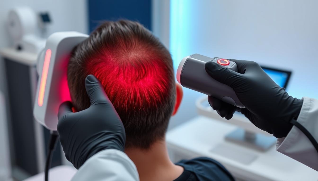 LLLT Hair Therapy device being used by a person with visible red light on scalp