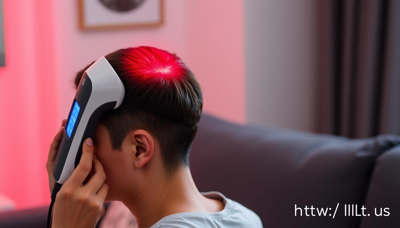 LLLT device being used for hair treatment showing the red light technology