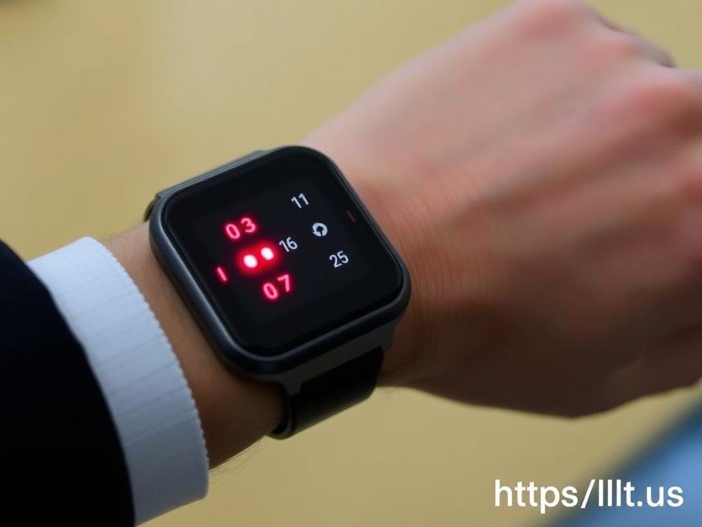 Laser therapy watch being worn on wrist showing red light application