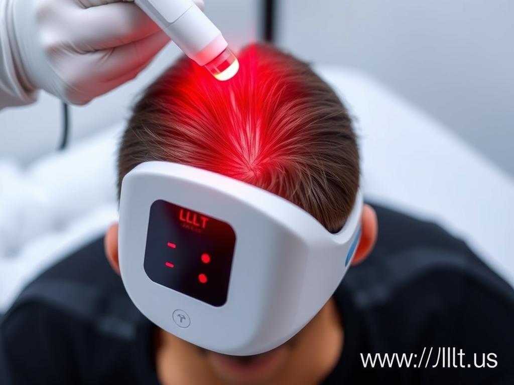 MAIKONG LLLT laser therapy device in use showing red light penetration