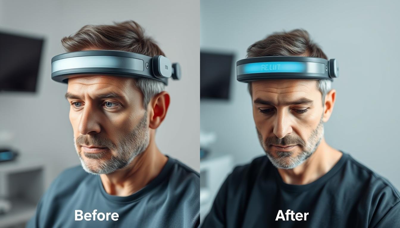 Man using LLLT Laser Hair Loss Treatment device showing before and after results
