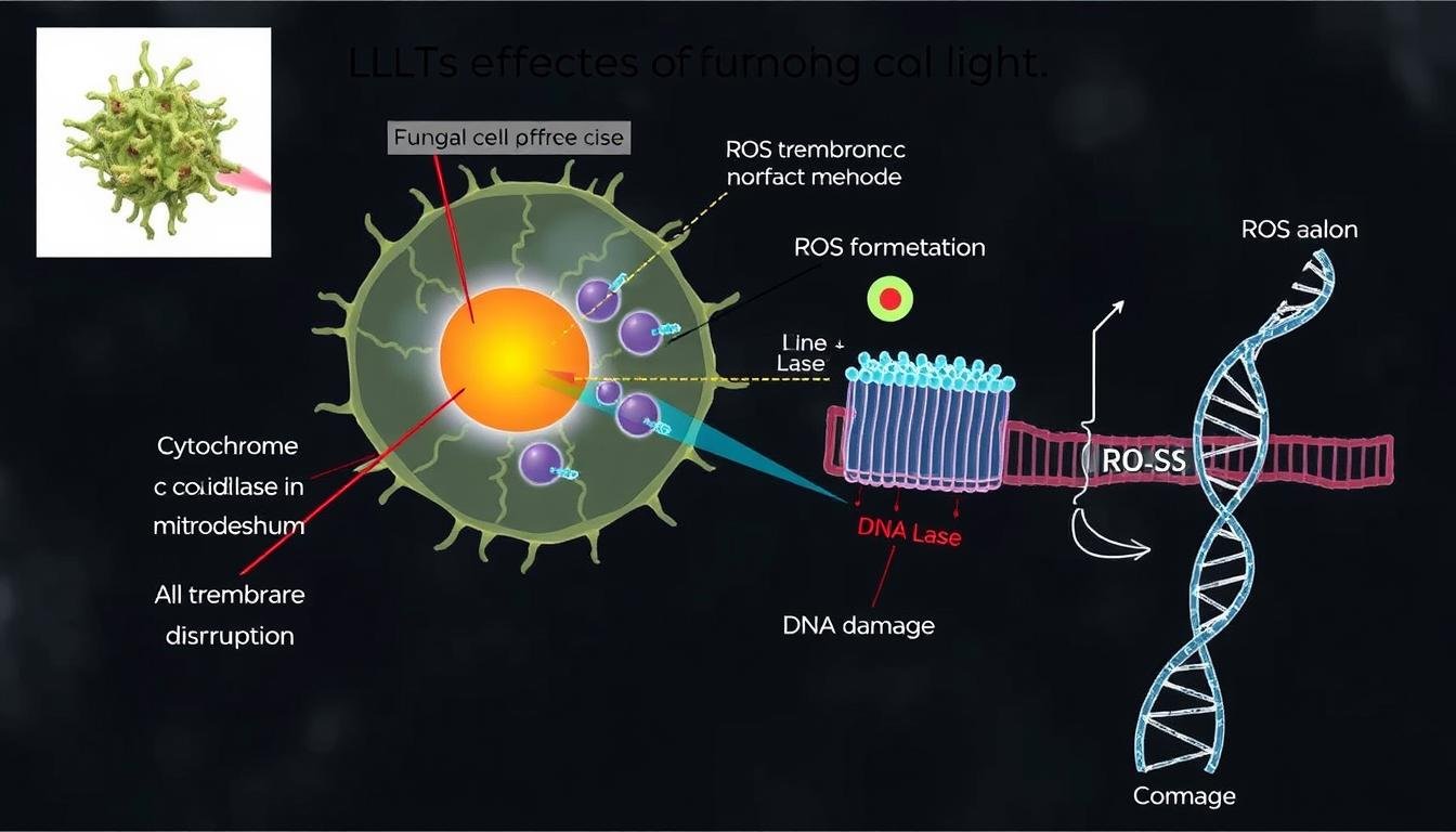 Molecular diagram showing LLLT effects on fungal cell components