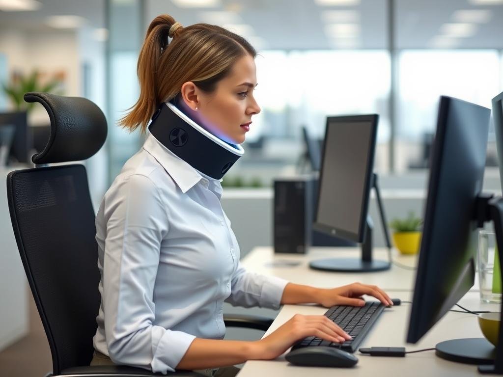 Office worker using LLLT Neck Support Device while working at computer Office worker using LLLT Neck Support Device while working at computer
