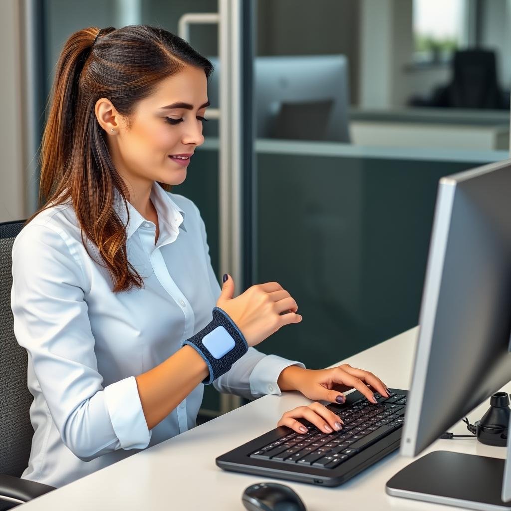 Office worker with carpal tunnel syndrome using LLLT wrist device Office worker with carpal tunnel syndrome using LLLT wrist device