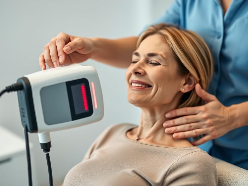 Patient experiencing pain relief after LLLT pain therapy session Patient experiencing pain relief after LLLT pain therapy session