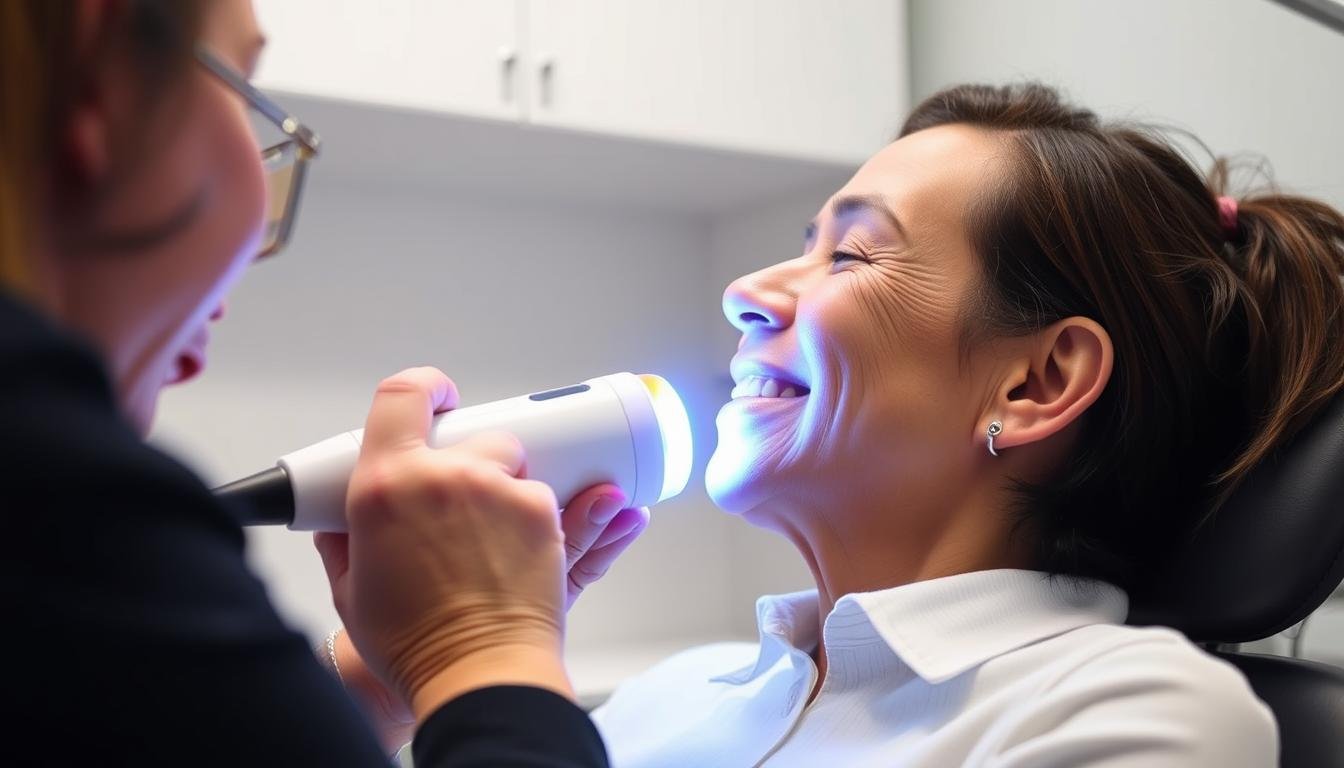 Patient receiving Tinnitus LLLT Therapy with visible improvement expression Patient receiving Tinnitus LLLT Therapy with visible improvement expression