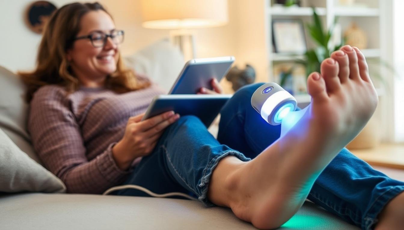 Patient using LLLT device at home for nail fungus treatment Patient using LLLT device at home for nail fungus treatment