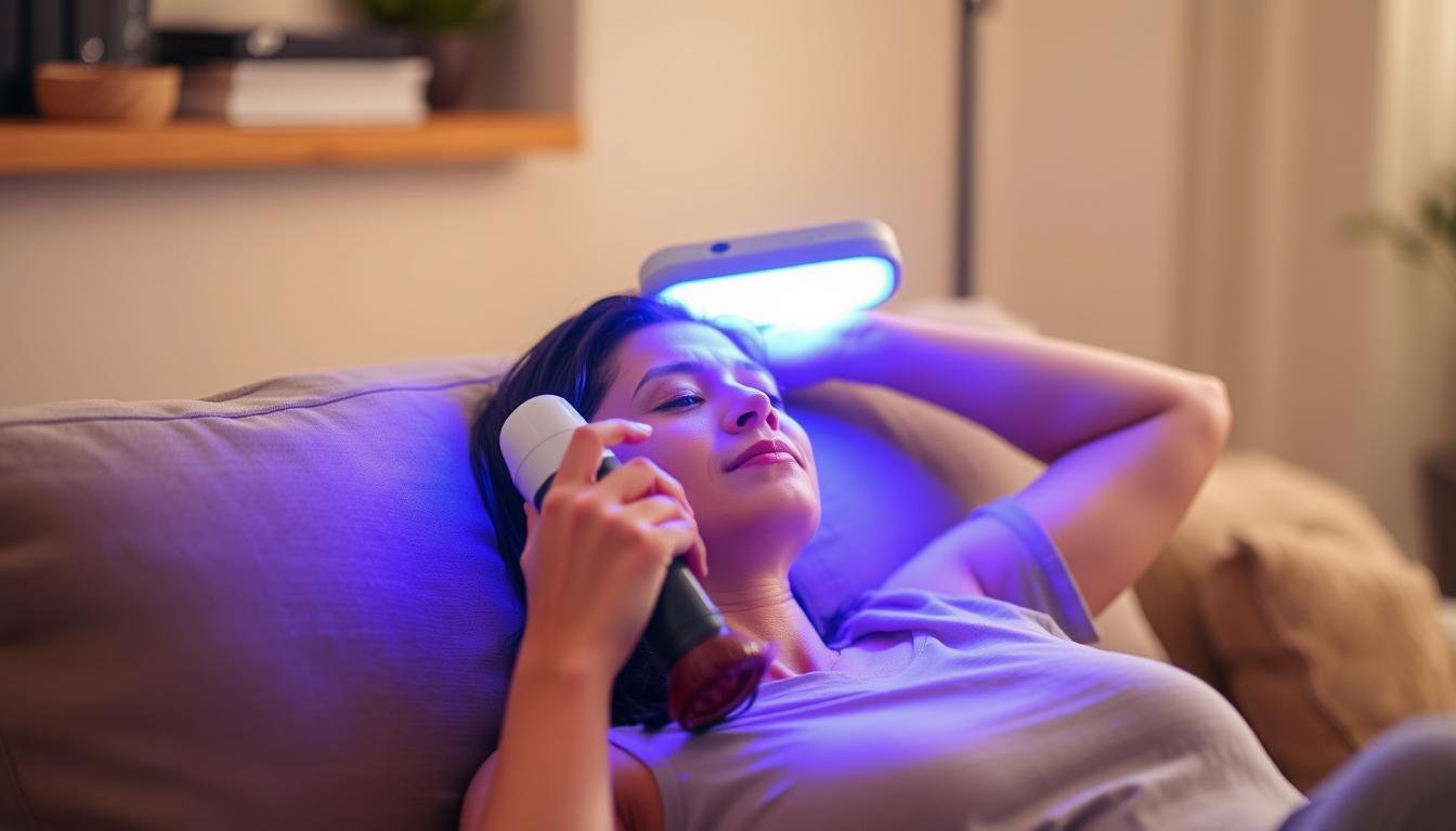Person comfortably using LLLT device at home