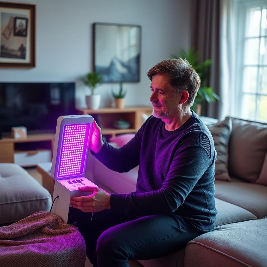 Person using LLLT device comfortably at home