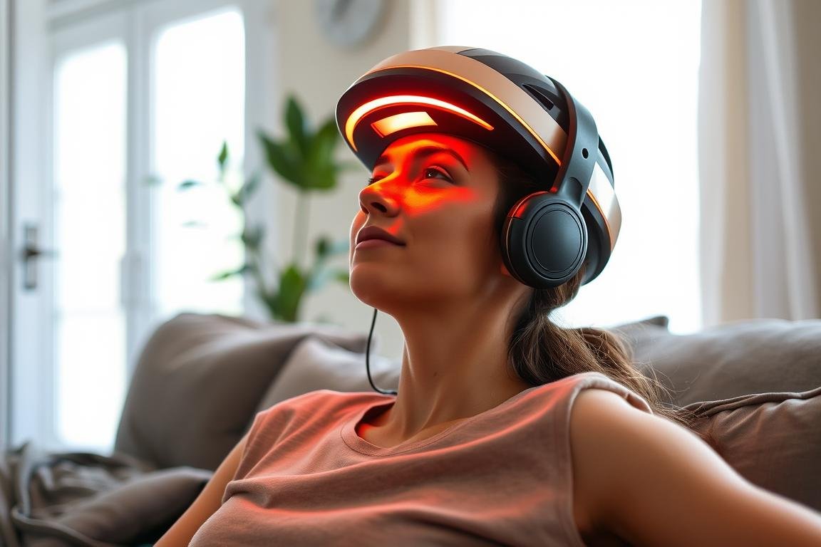 Person using LLLT helmet for hair loss treatment at home Person using LLLT helmet for hair loss treatment at home