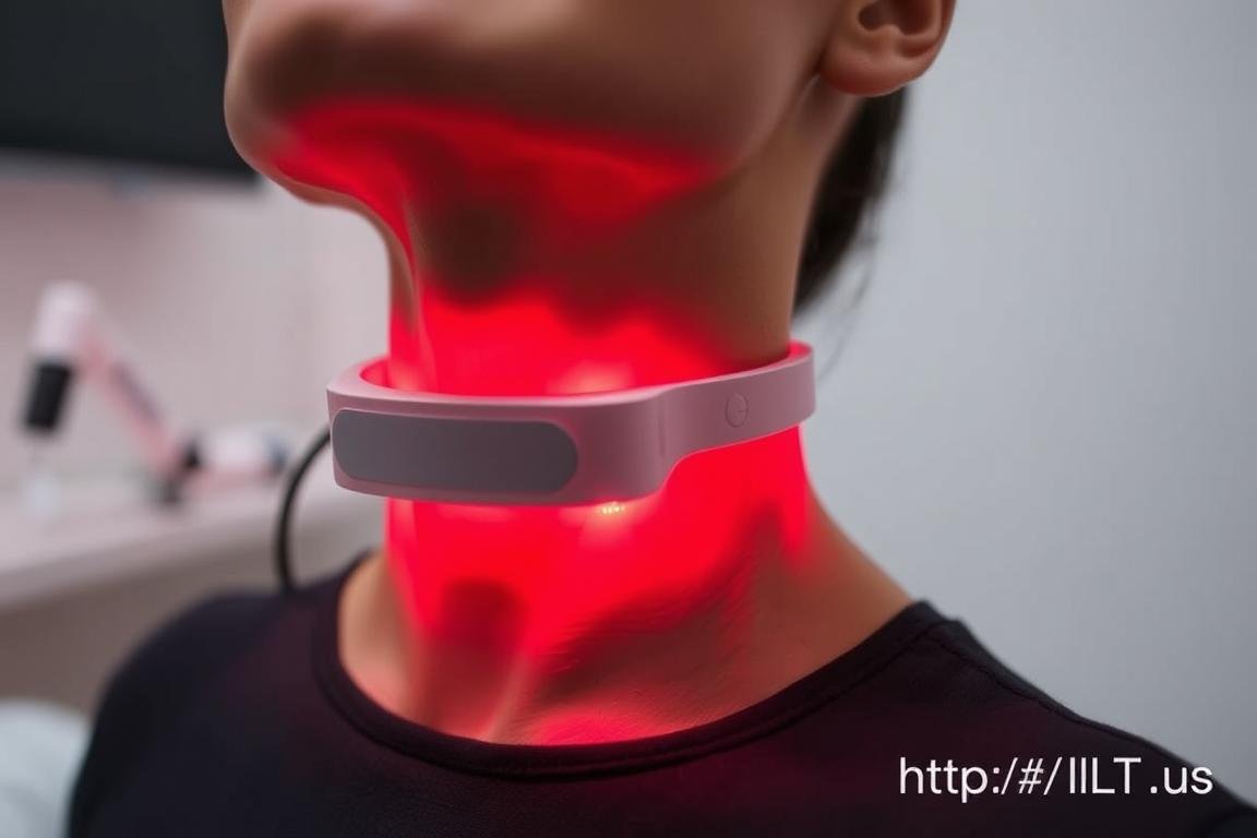 Person using LLLT neck device for targeted neck pain relief