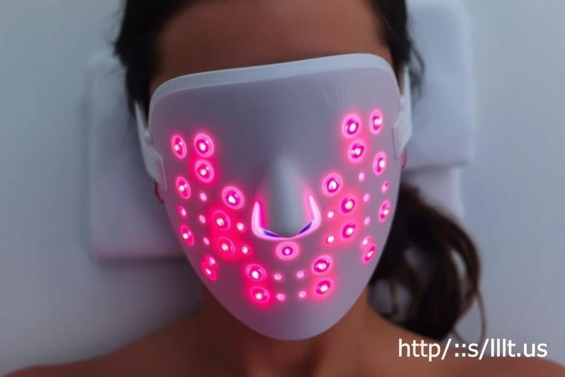 Person wearing LED facial mask for targeted skin treatment