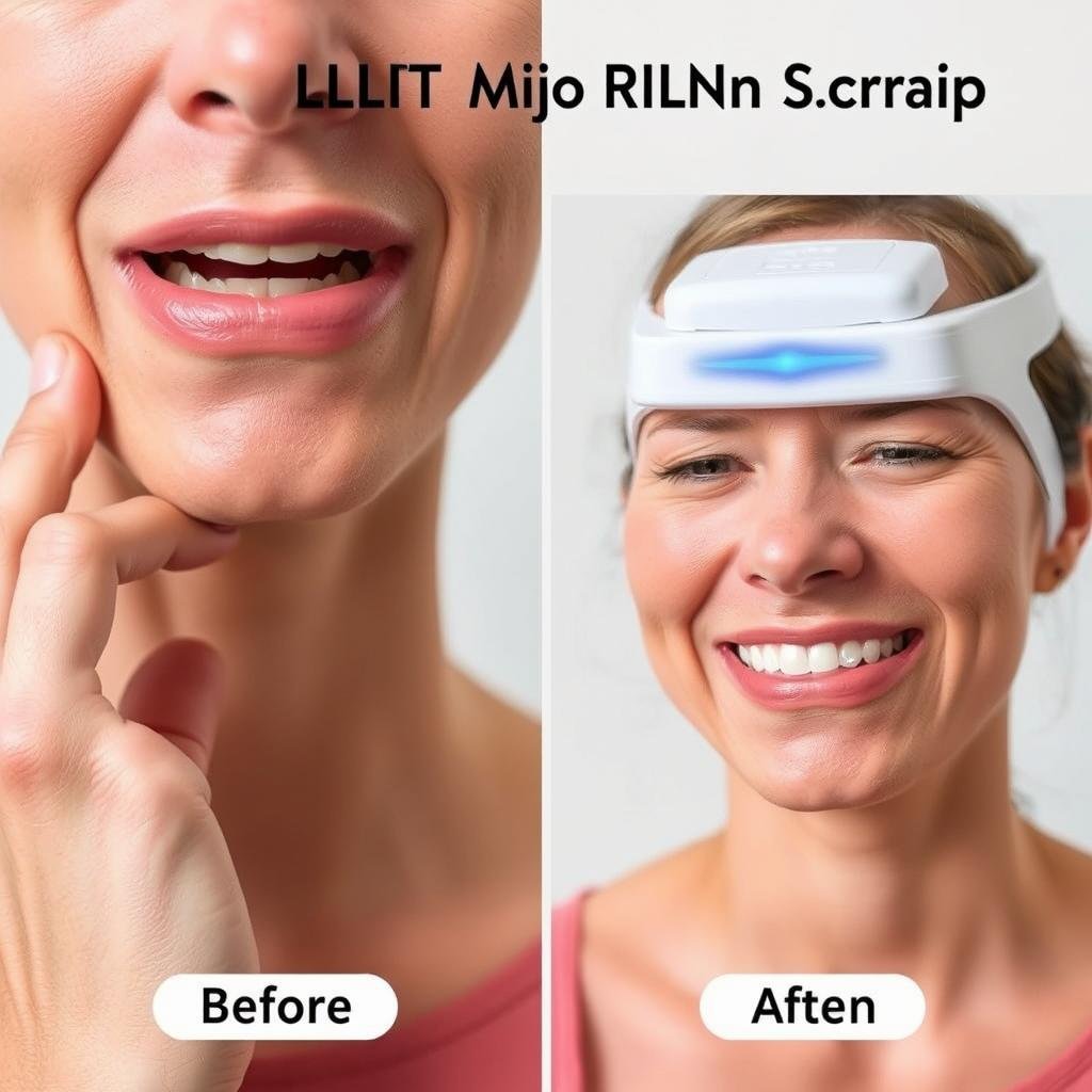 Person with TMJ disorder using LLLT Chin Strap