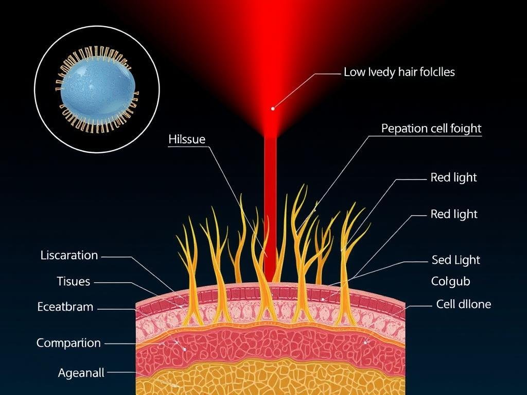 Scientific diagram showing how LLLT affects hair follicles at cellular level