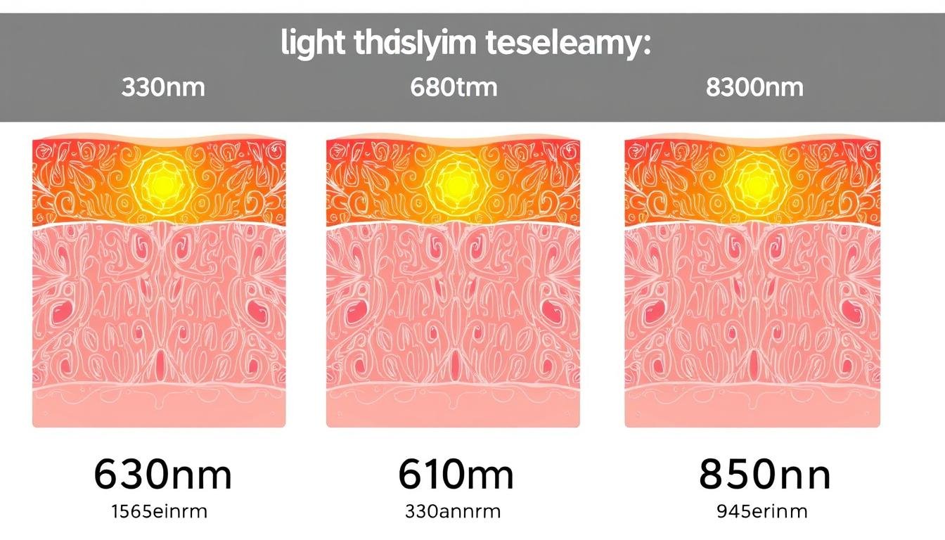 Scientific diagram showing how different light wavelengths penetrate skin tissue