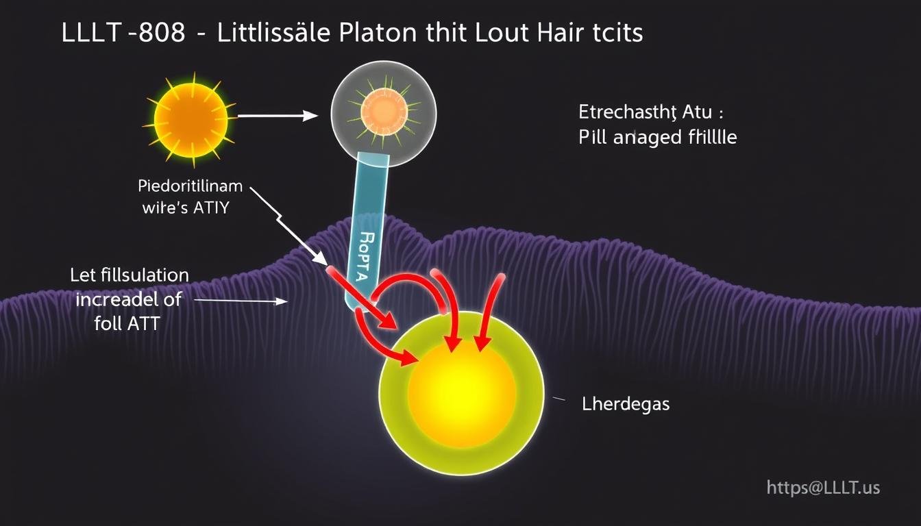 Scientific illustration showing how LLLT-808 affects cellular mechanisms in hair follicles