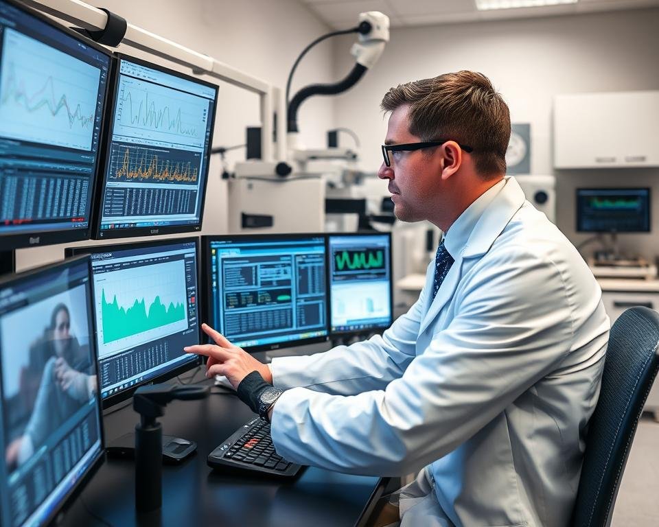 Scientist analyzing LLLT Hair Therapy clinical data on computer screens