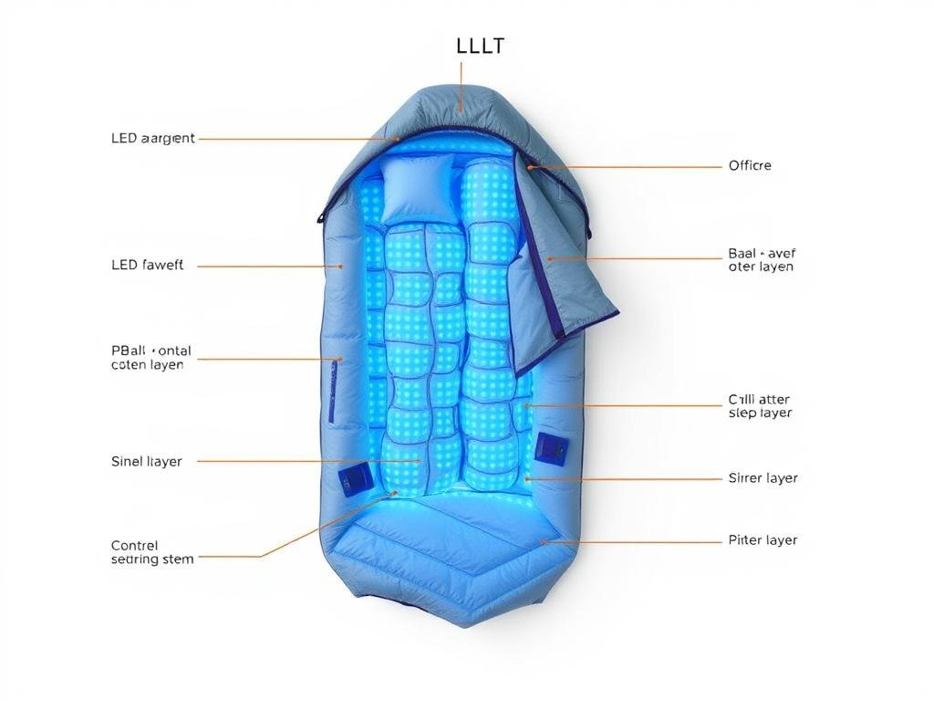 Technical diagram of MAIKONG LLLT Sleep Bag showing LED arrangement and components