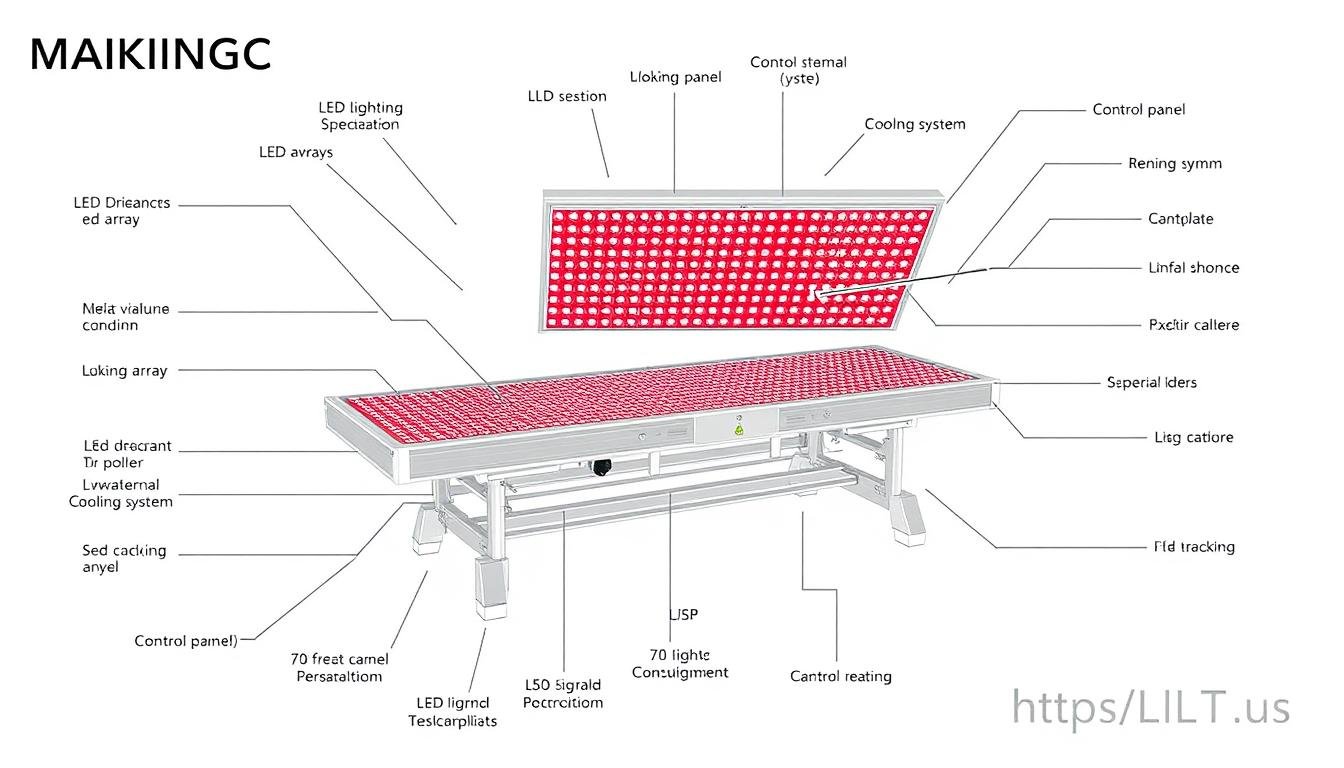 Technical diagram of a MAIKONG red light therapy bed showing key components