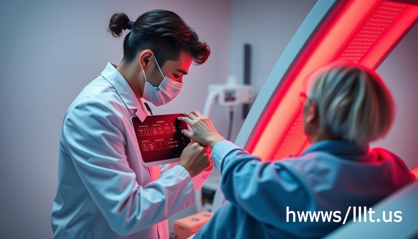 Therapist adjusting settings on MAIKONG Red Light Therapy Bed