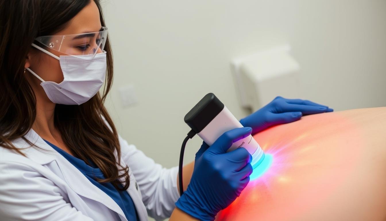 Therapist demonstrating proper LLLT pain therapy application technique Therapist demonstrating proper LLLT pain therapy application technique