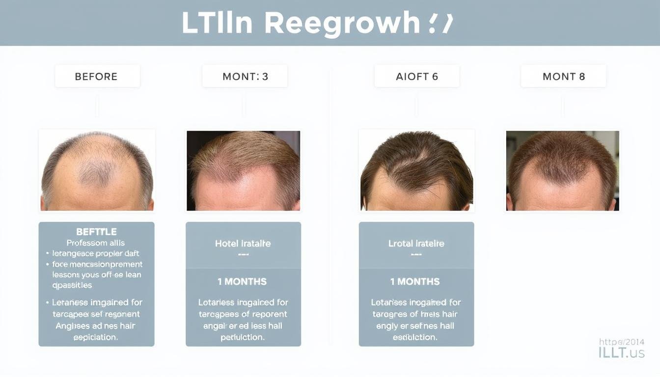 Timeline showing LLLT hair regrowth progress over 6 months with before and after images