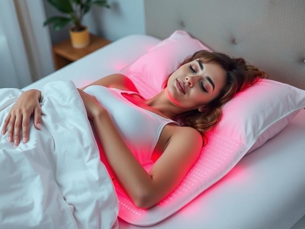 Woman relaxing on LLLT Sleep Pad with visible red light